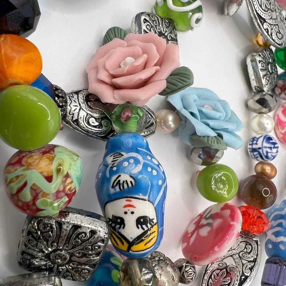Geisha‎ Multi Strand Beaded Necklace Porcelain Lampwork Fish Nesting Doll Floral